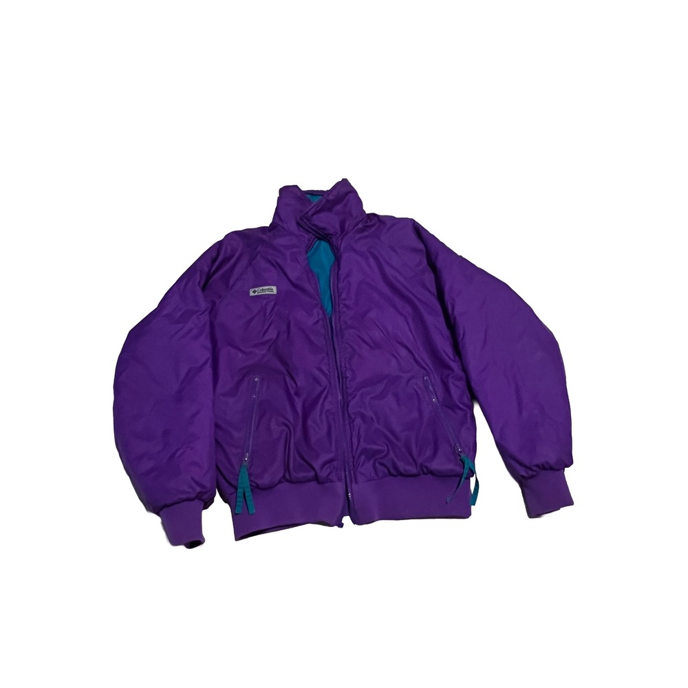 Vintage-inspired Columbia Reversible Puffer Bomber Jacket Purple Teal Womens M